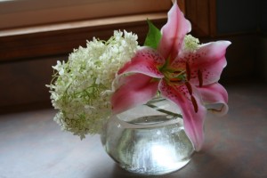 Lily and hydrangea in bowl