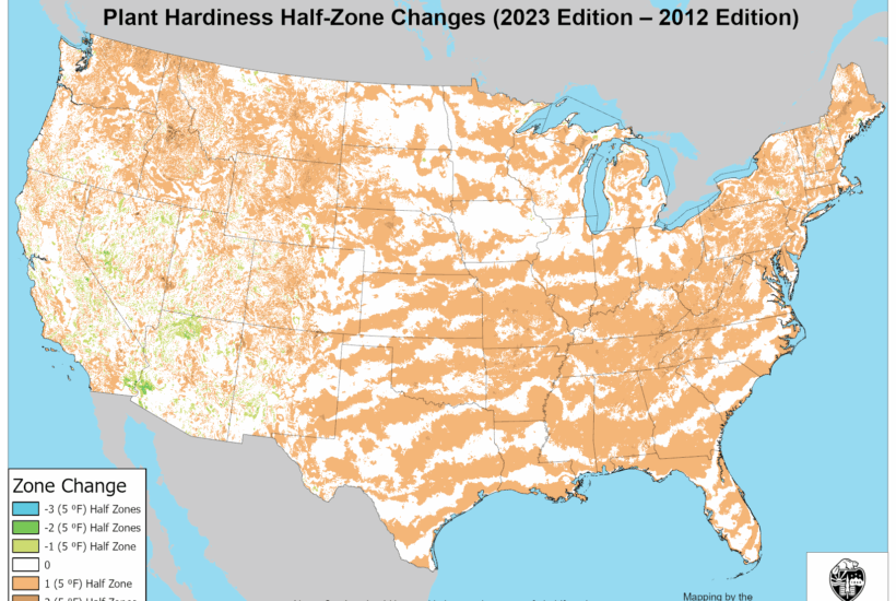 map of USDA zone hardiness changes 2012 to 2023